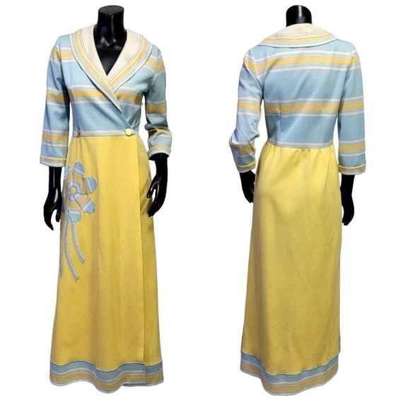 Vintage 60s 70s Womens M Knit Polyester Wrap Maxi Dress Hippie Flower Applique - Picture 1 of 14